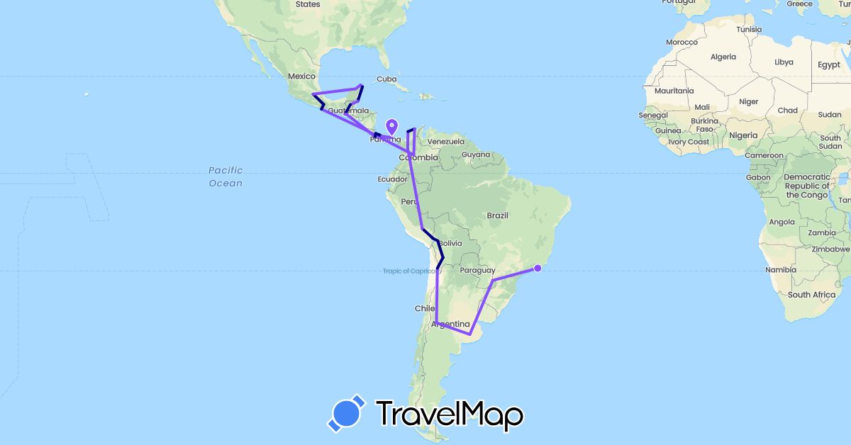 TravelMap itinerary: driving, plane in Argentina, Bolivia, Brazil, Belize, Chile, Colombia, Costa Rica, Guatemala, Mexico, Panama, Peru (North America, South America)